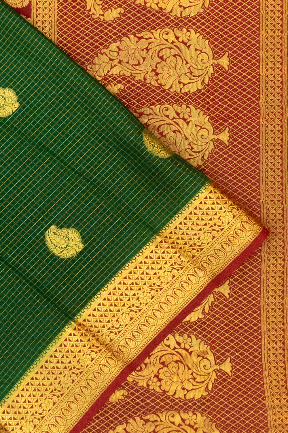 Pure Binny Silk Checks And Butta Bottle Green Saree