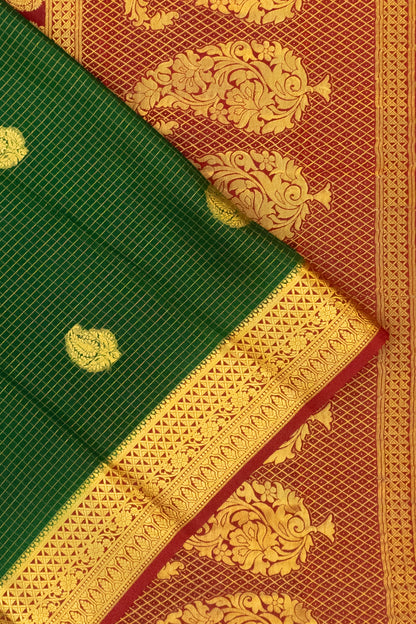 Pure Binny Silk Checks And Butta Bottle Green Saree
