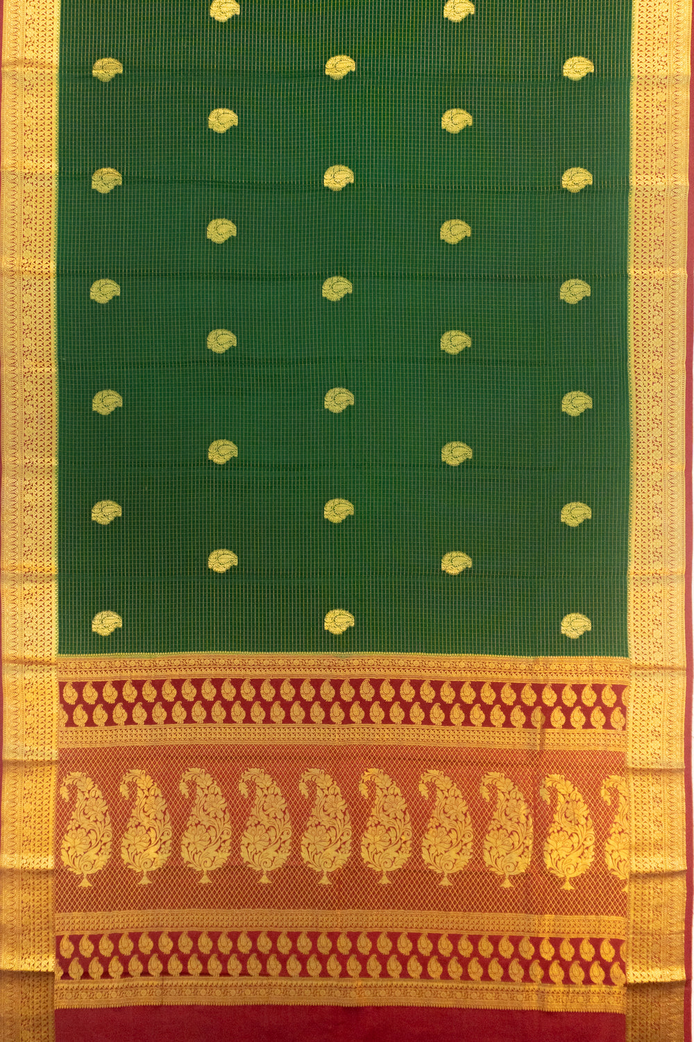 Pure Binny Silk Checks And Butta Bottle Green Saree