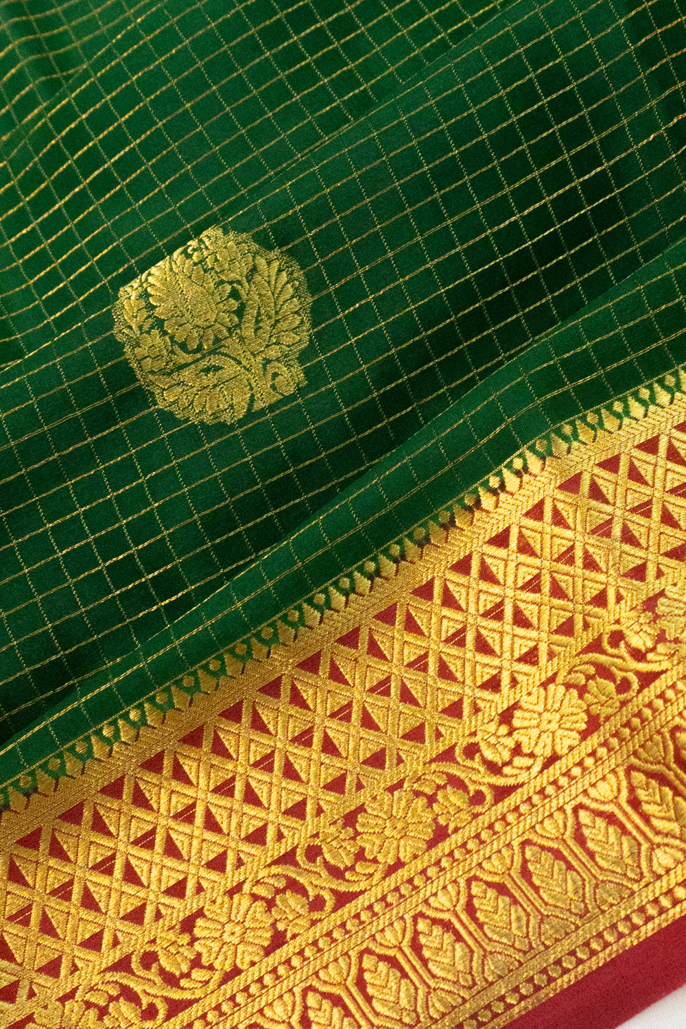 Pure Binny Silk Checks And Butta Bottle Green Saree