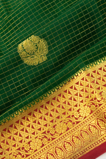 Pure Binny Silk Checks And Butta Bottle Green Saree