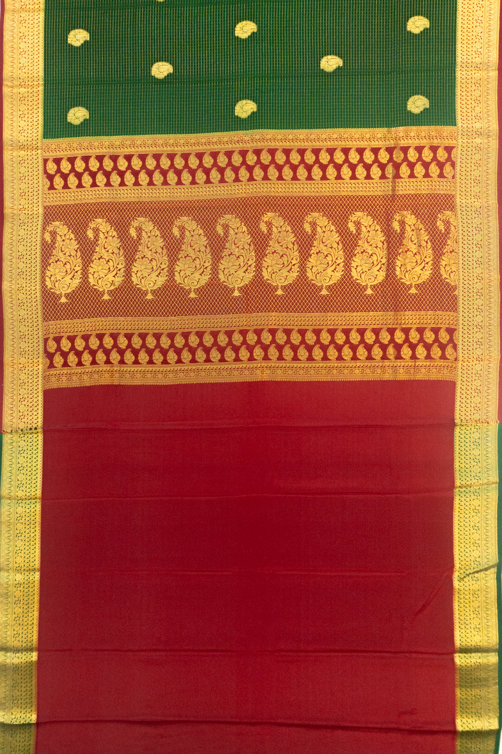 Pure Binny Silk Checks And Butta Bottle Green Saree