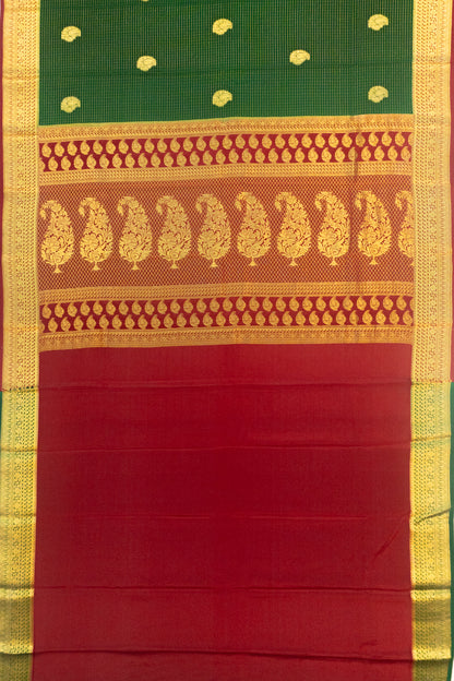 Pure Binny Silk Checks And Butta Bottle Green Saree