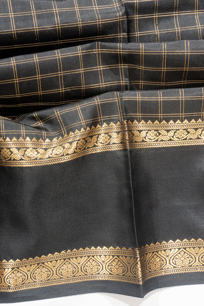 Kanchipuram Silk Checks Black Saree