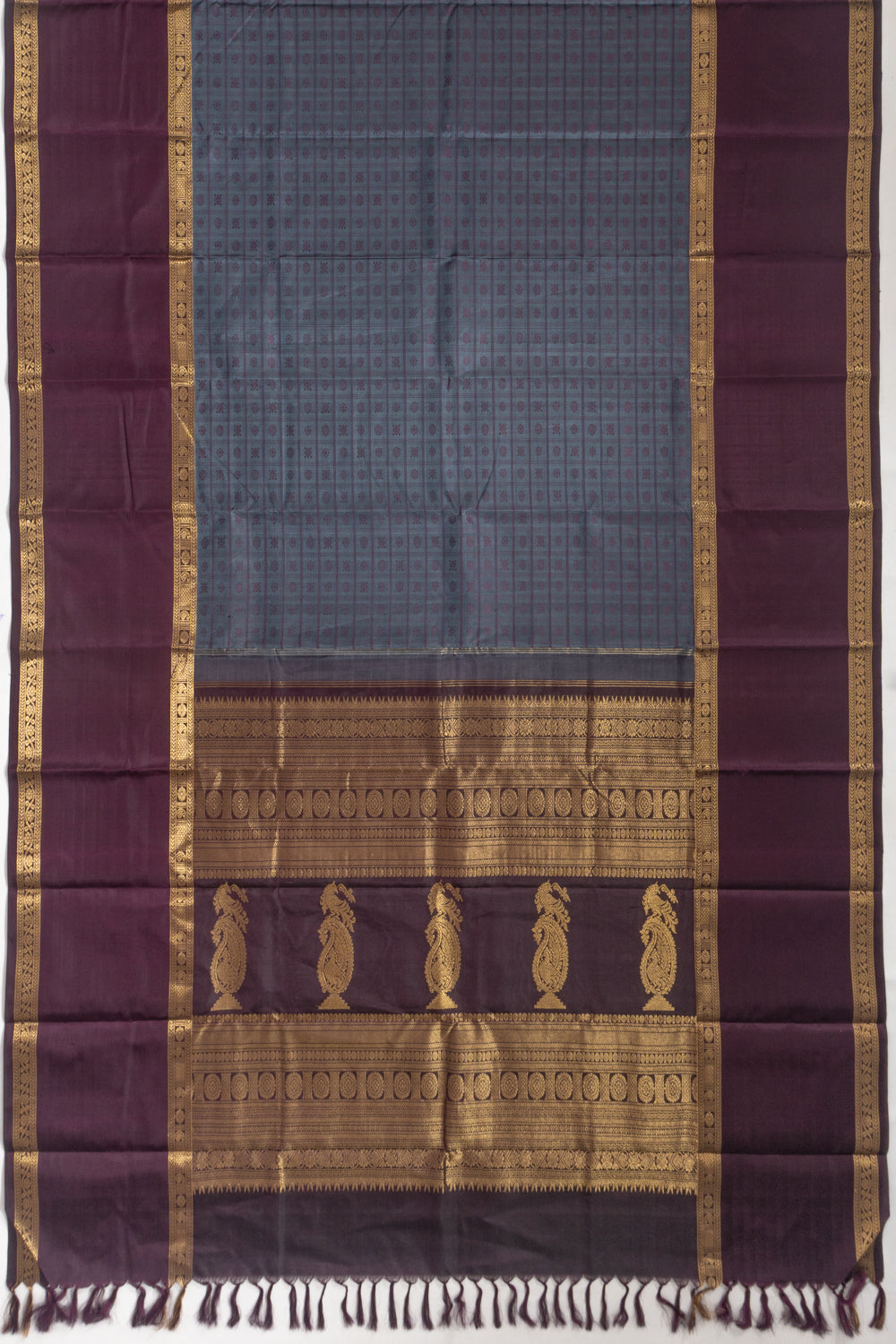 Kanchipuram Silk Checks And Butta Elephant Grey Saree