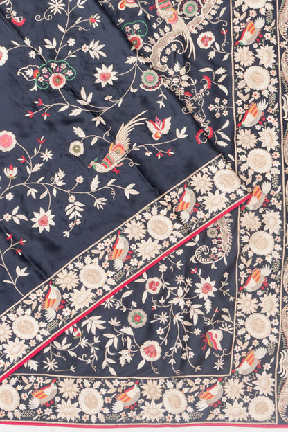 Parsi Gara Satin Floral Embroidery Midnight Blue Saree