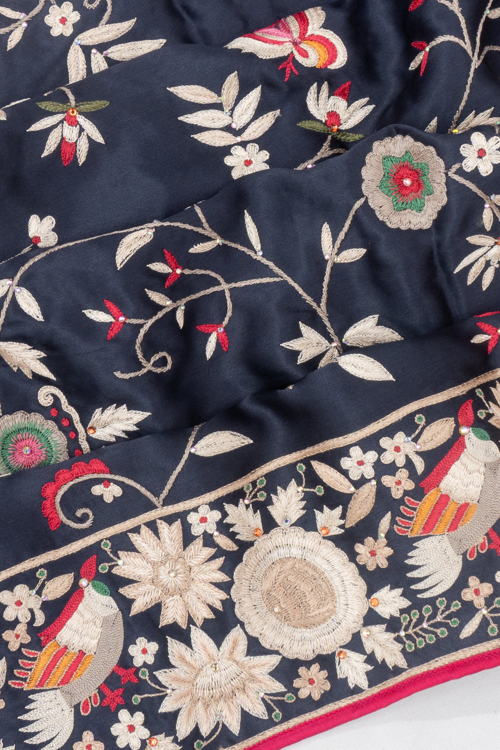 Parsi Gara Satin Floral Embroidery Midnight Blue Saree