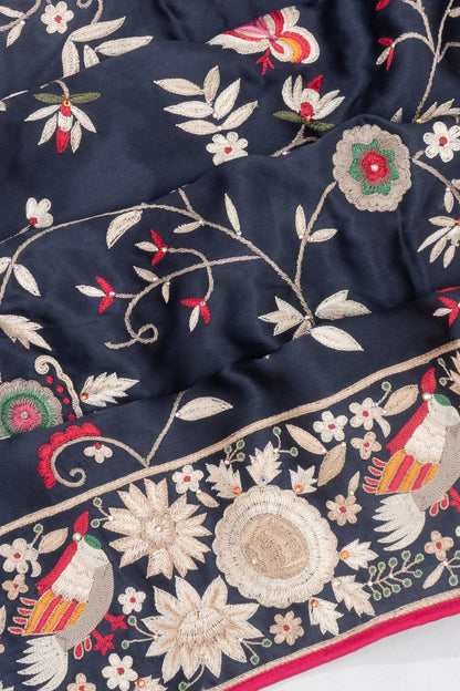 Parsi Gara Satin Floral Embroidery Midnight Blue Saree