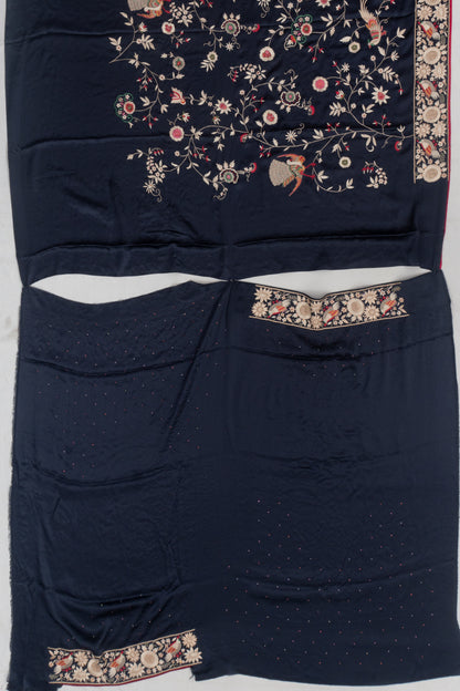 Parsi Gara Satin Floral Embroidery Midnight Blue Saree