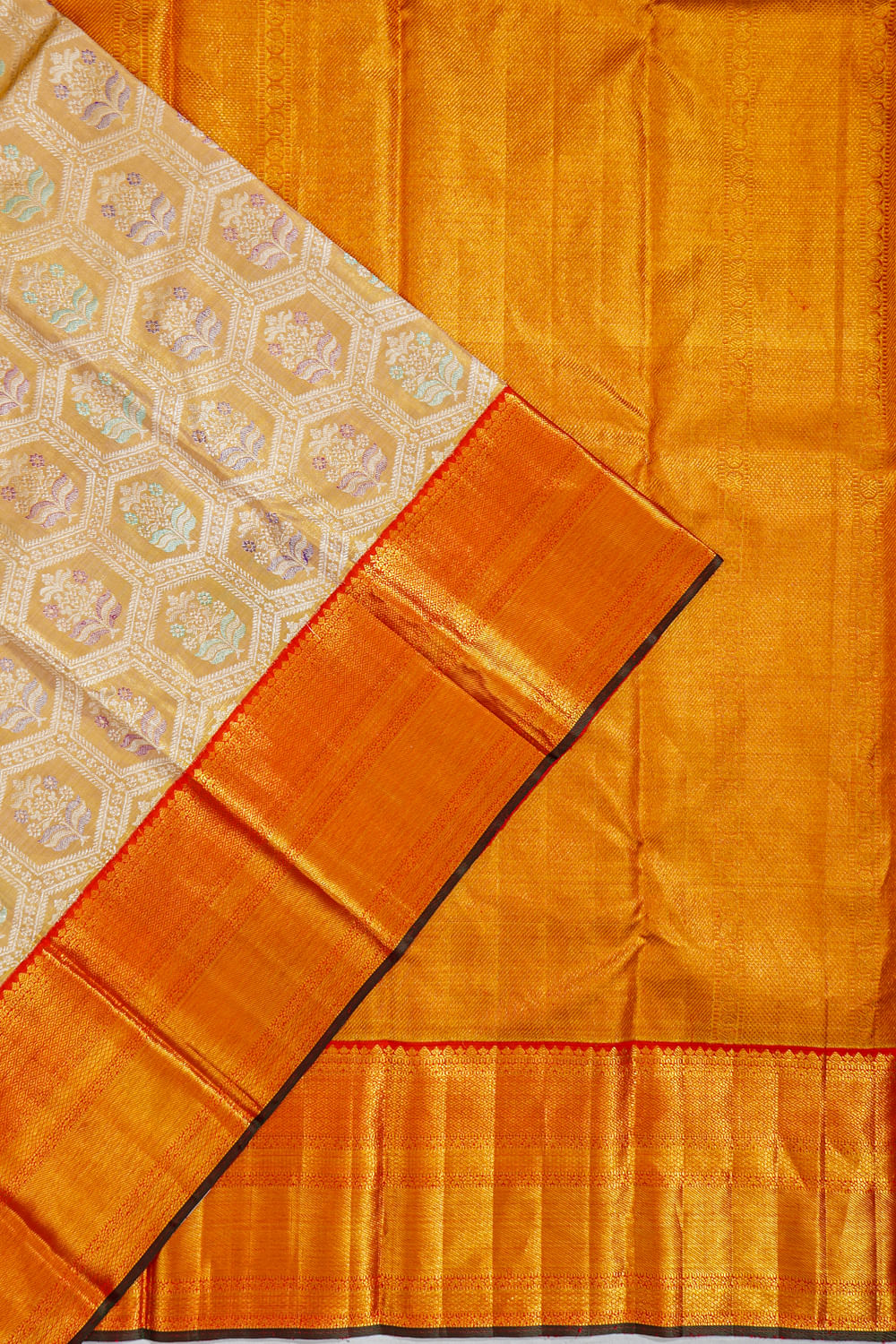 Kanchipuram Silk Tissue Jaal And Butta Gold Saree