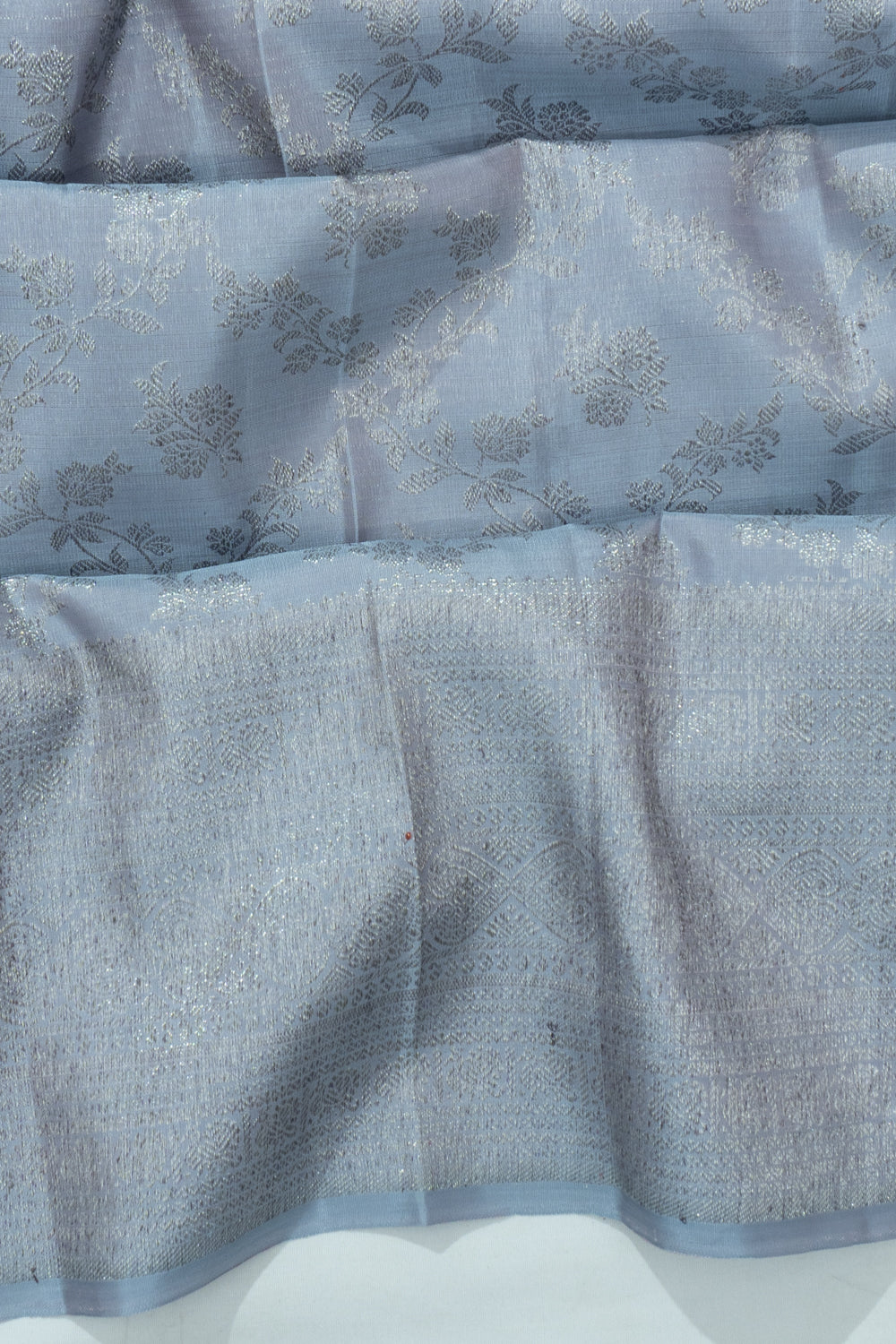Kanchipuram Silk Antique Zari Jaal And Butta Powder Blue Saree With Gift Box And Rakhi