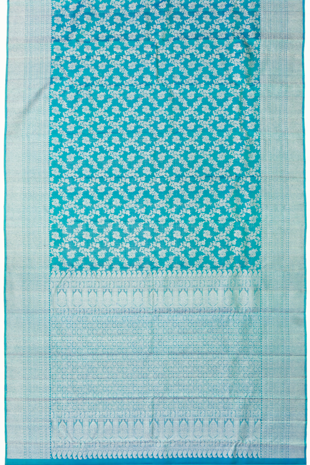 Kanchipuram Silk Antique Zari Jaal And Butta Teal Blue Saree