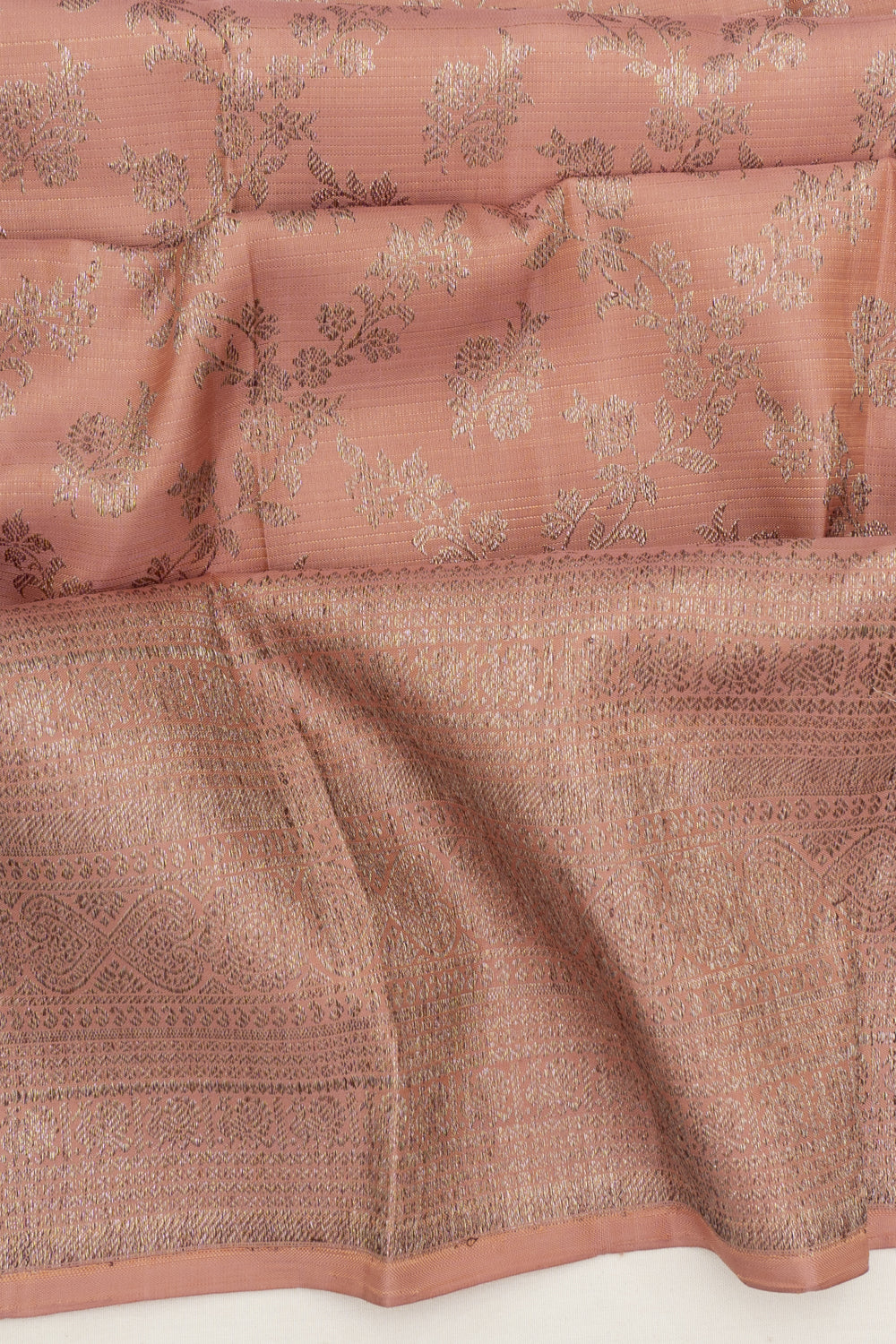 Kanchipuram Silk Antique Zari Jaal And Butta Peach Saree
