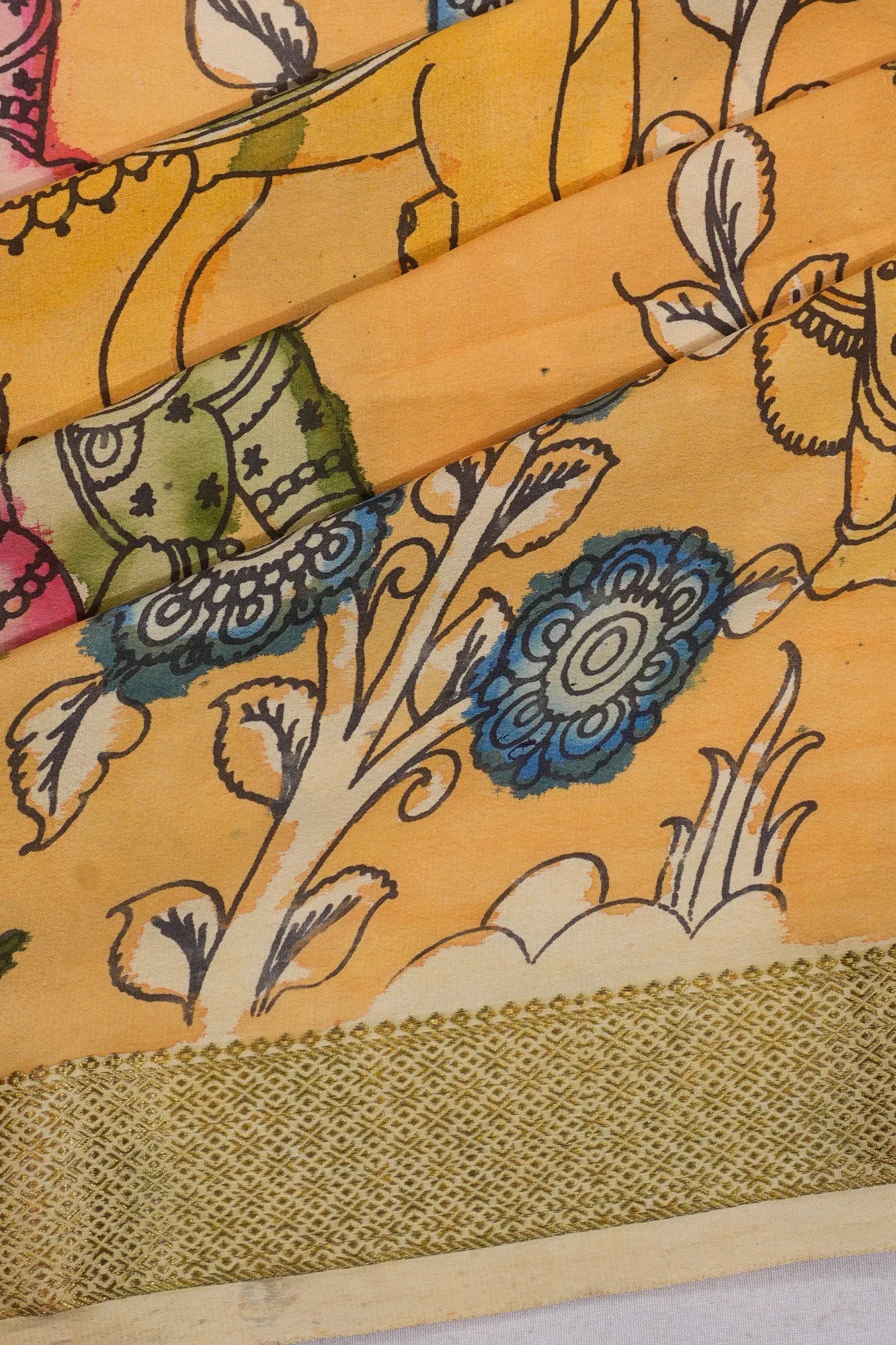 Kanchipuram Silk Kalamkari Hand Painted Yellow Saree