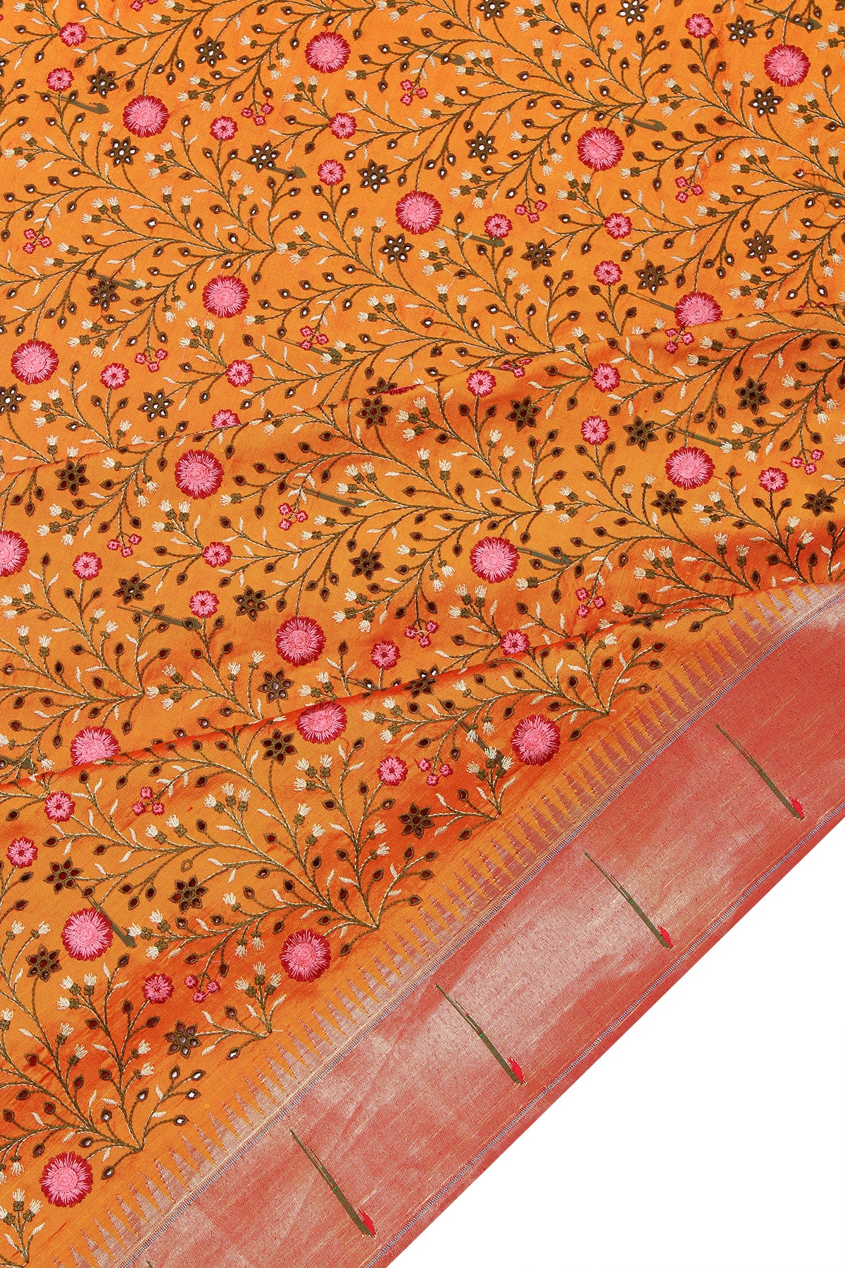 Paithani Silk Embroidery Half And Half Mustard Yellow Saree With Single Muniya Border