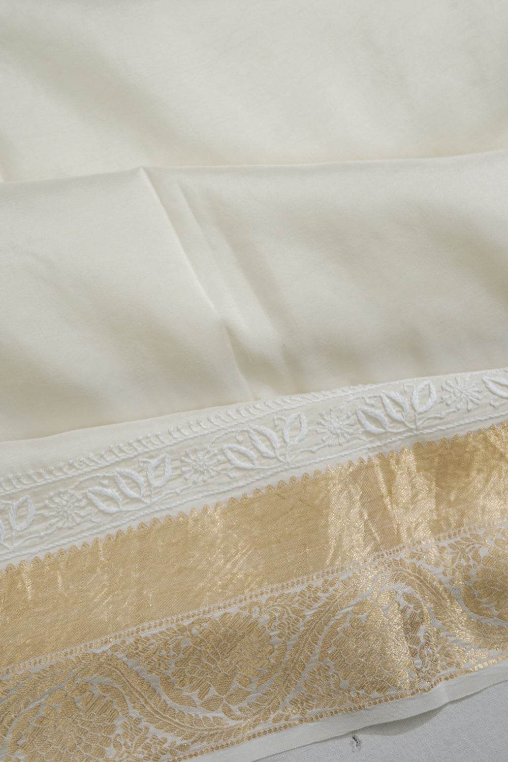 Lucknow Chikankari Kanchipuram Silk Plain White Saree