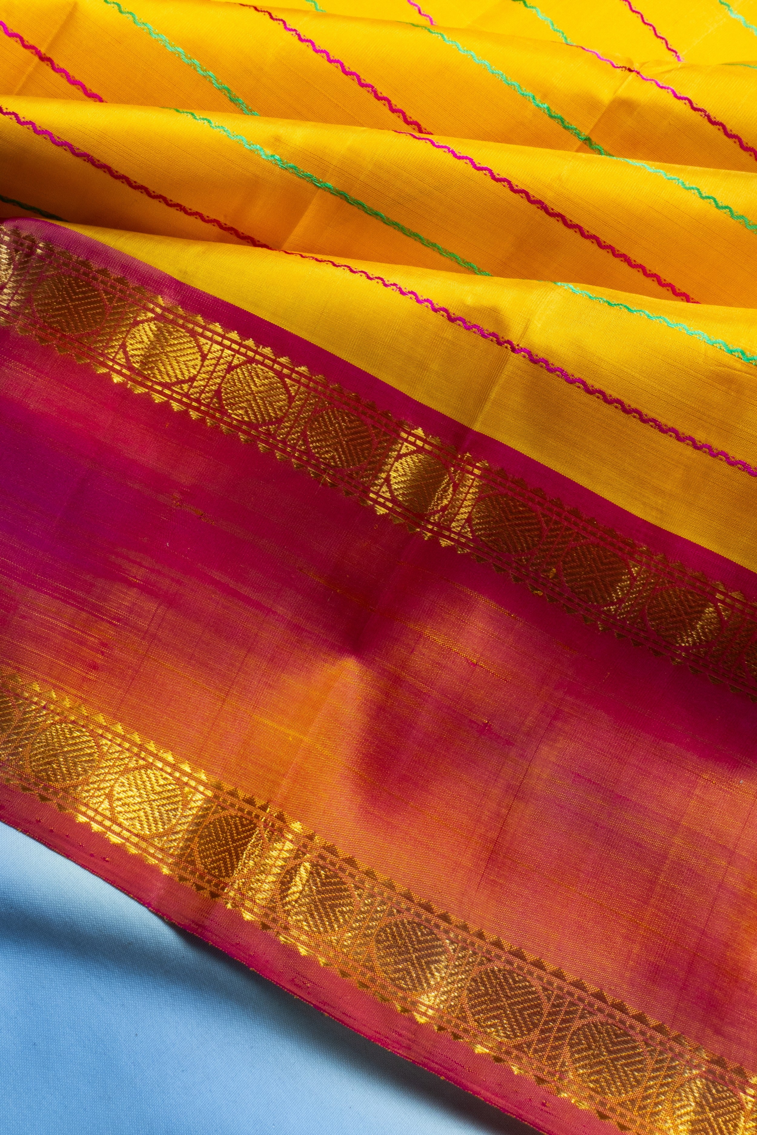 Kanchipuram Silk Horizontal Lines Yellow Saree 1214828016