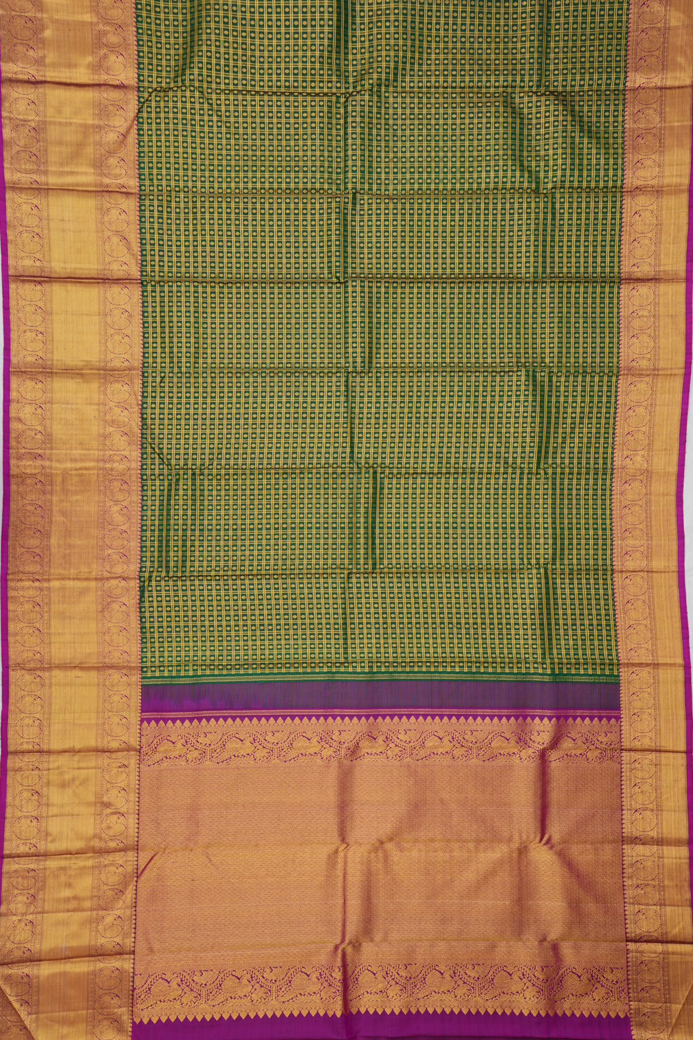 Kanchipuram Silk Checks And Butta Bottle Green Saree