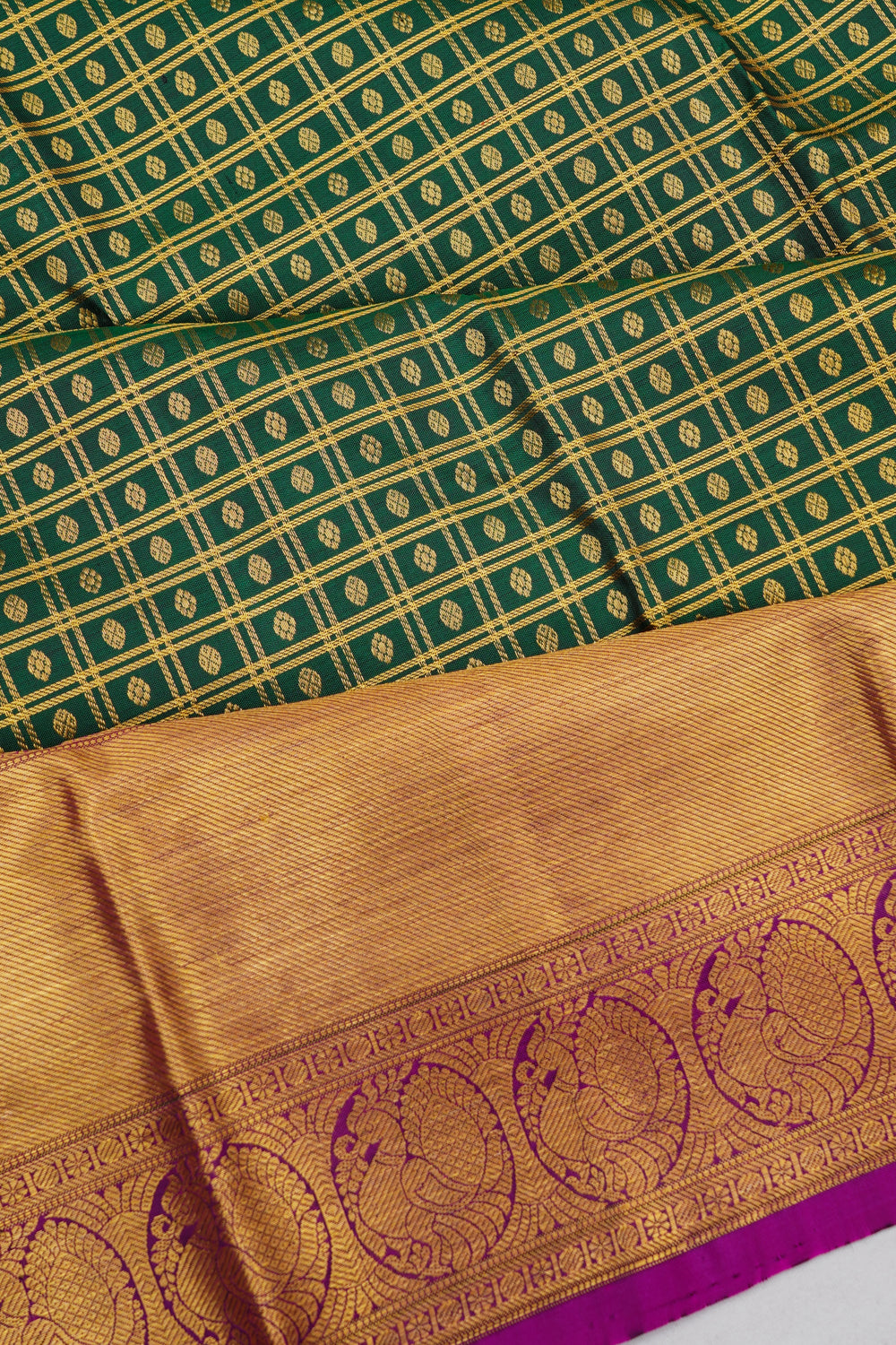 Kanchipuram Silk Checks And Butta Bottle Green Saree