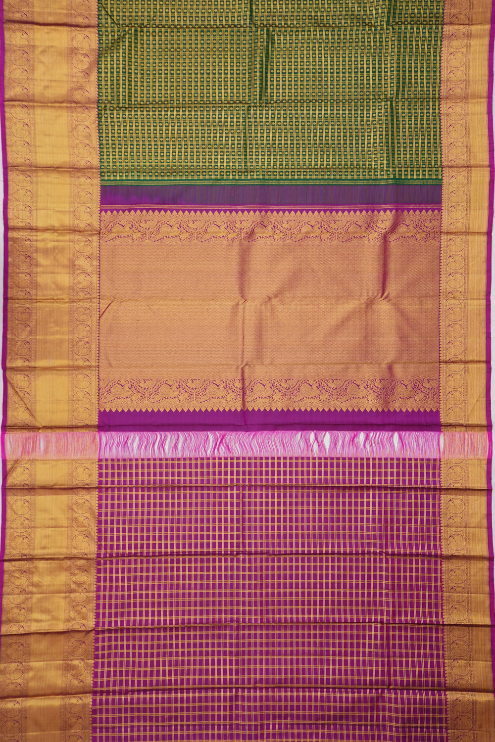 Kanchipuram Silk Checks And Butta Bottle Green Saree