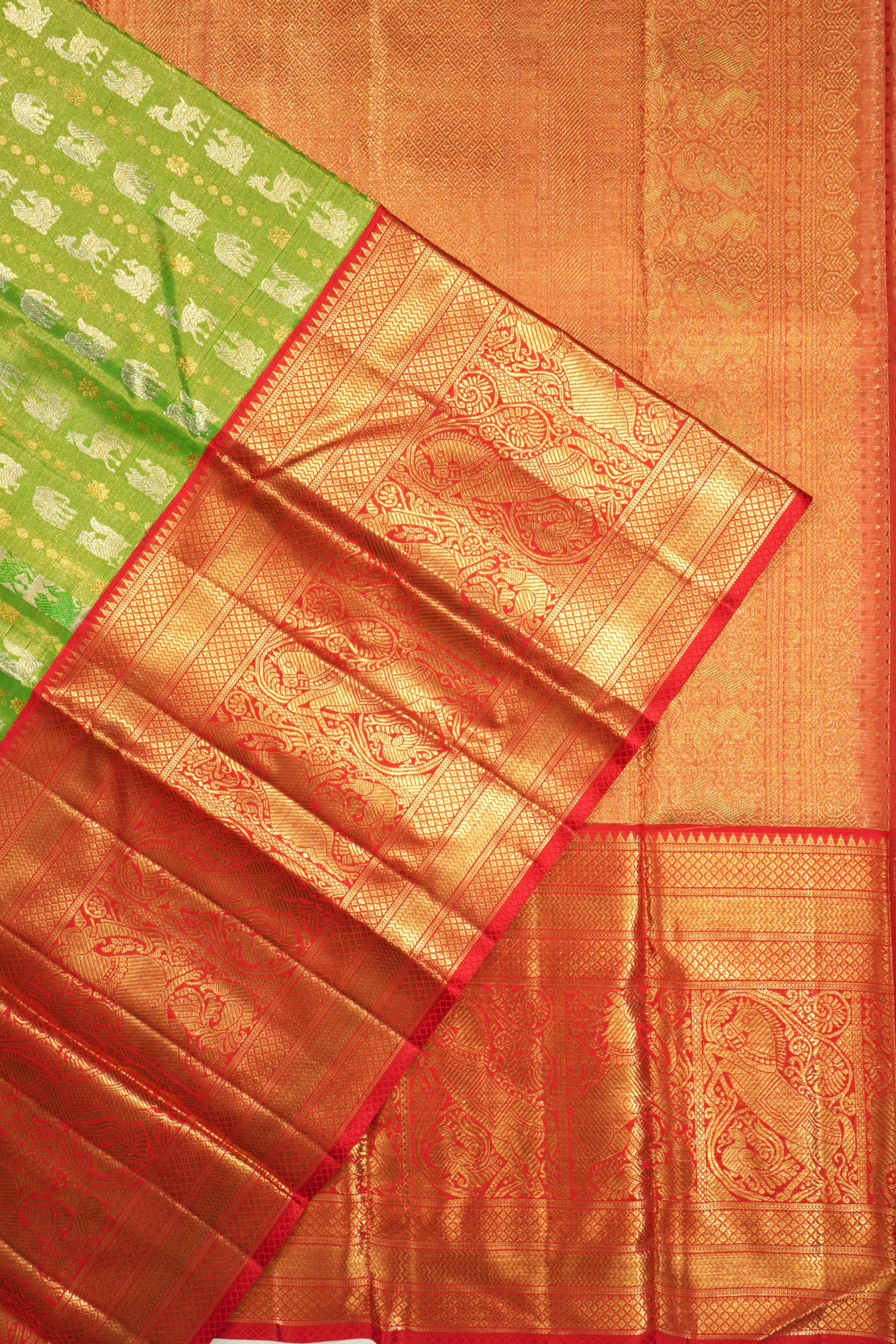 Kanchipuram Silk Tissue Vertical Lines And Butta Parrot Green Saree