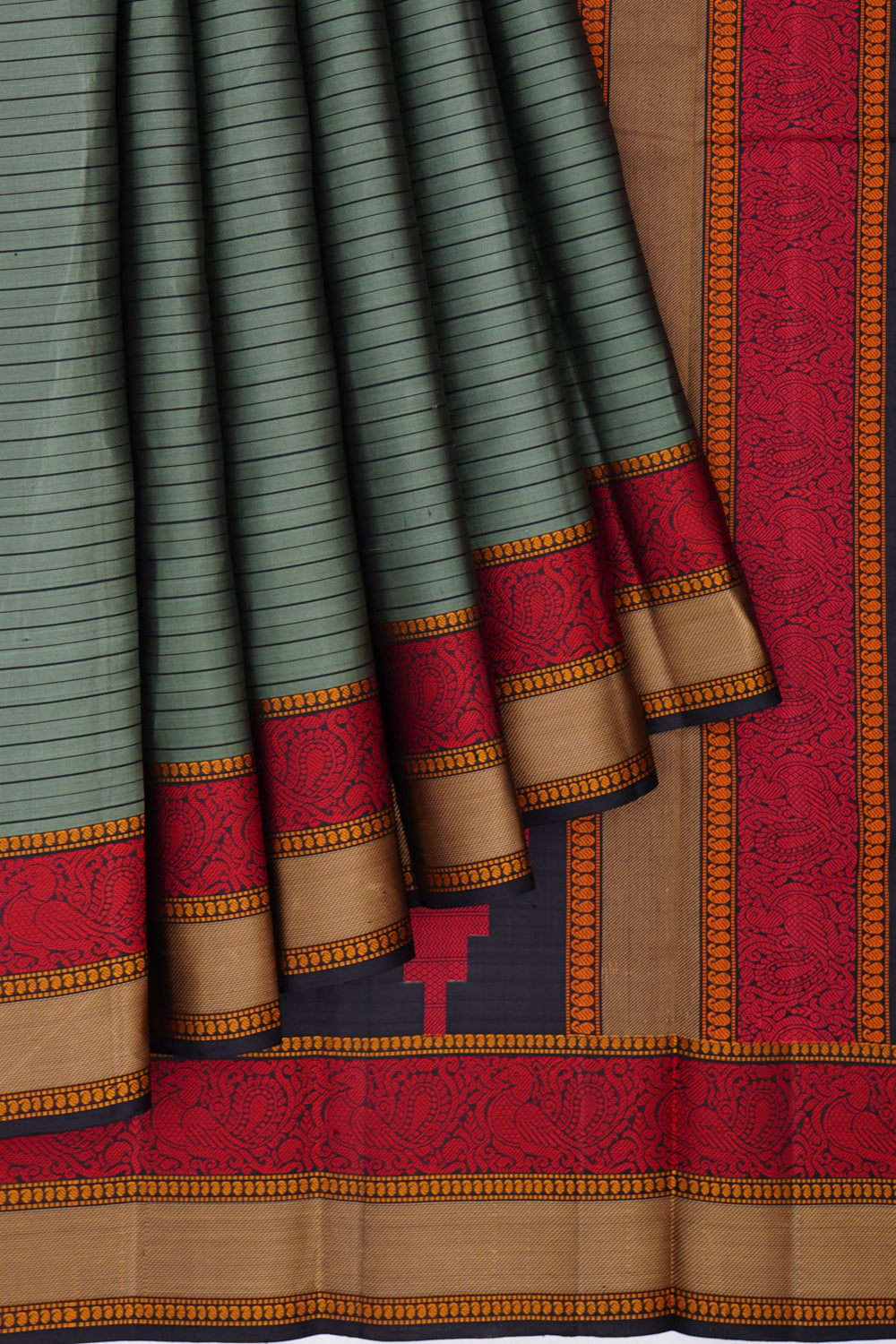Kanchipuram Silk Retro Lines Grey Saree With Resham Border And Pallu