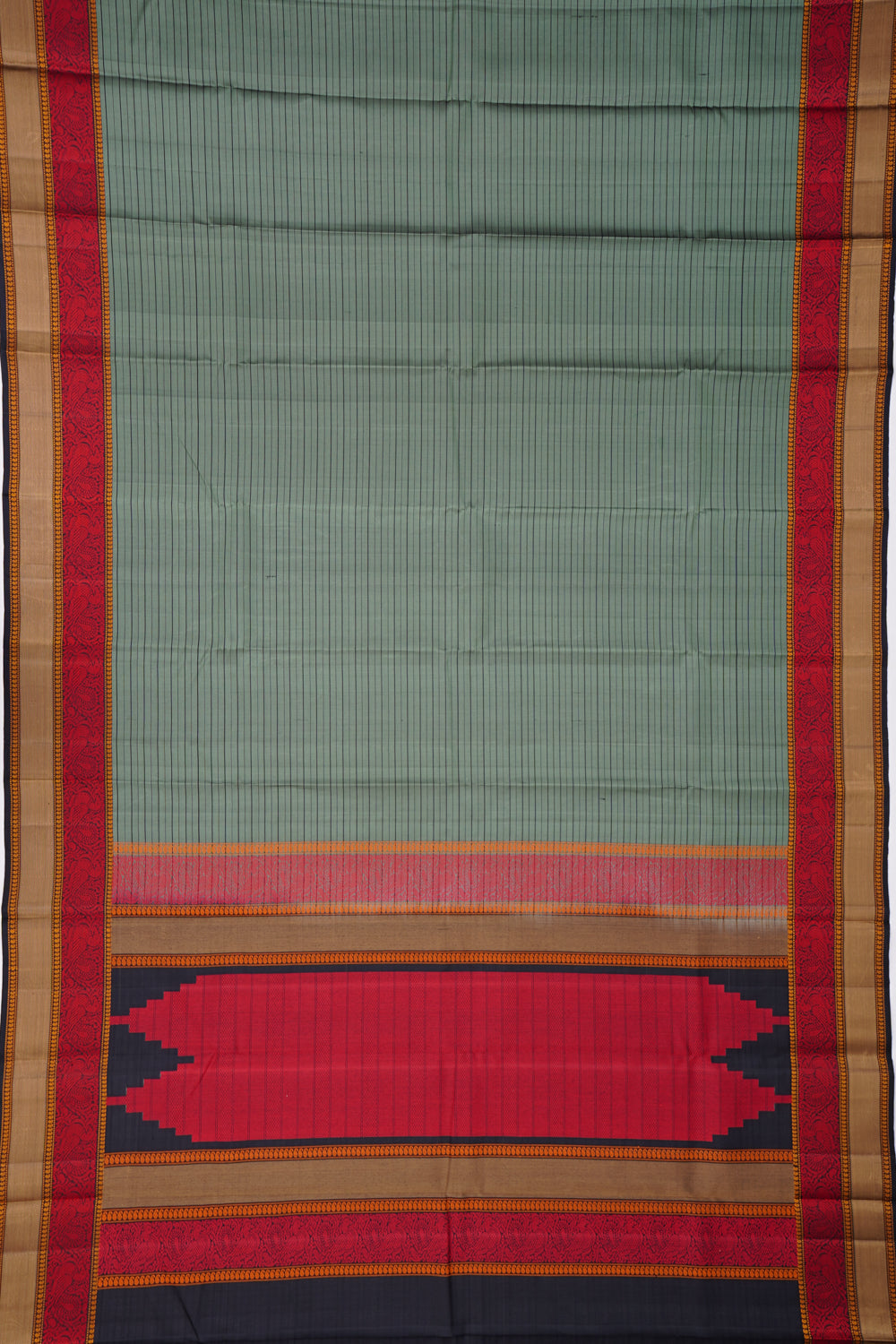 Kanchipuram Silk Retro Lines Grey Saree With Resham Border And Pallu