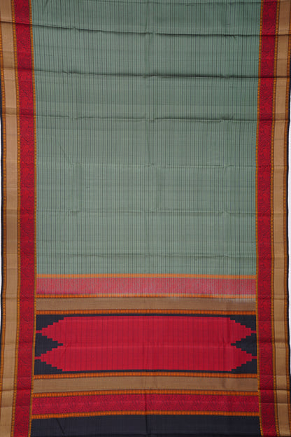 Kanchipuram Silk Retro Lines Grey Saree With Resham Border And Pallu