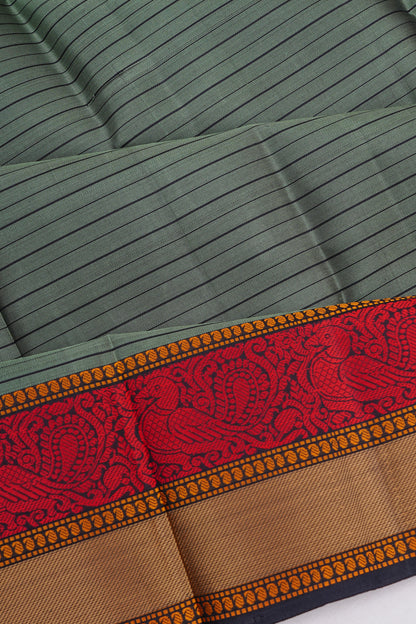Kanchipuram Silk Retro Lines Grey Saree With Resham Border And Pallu