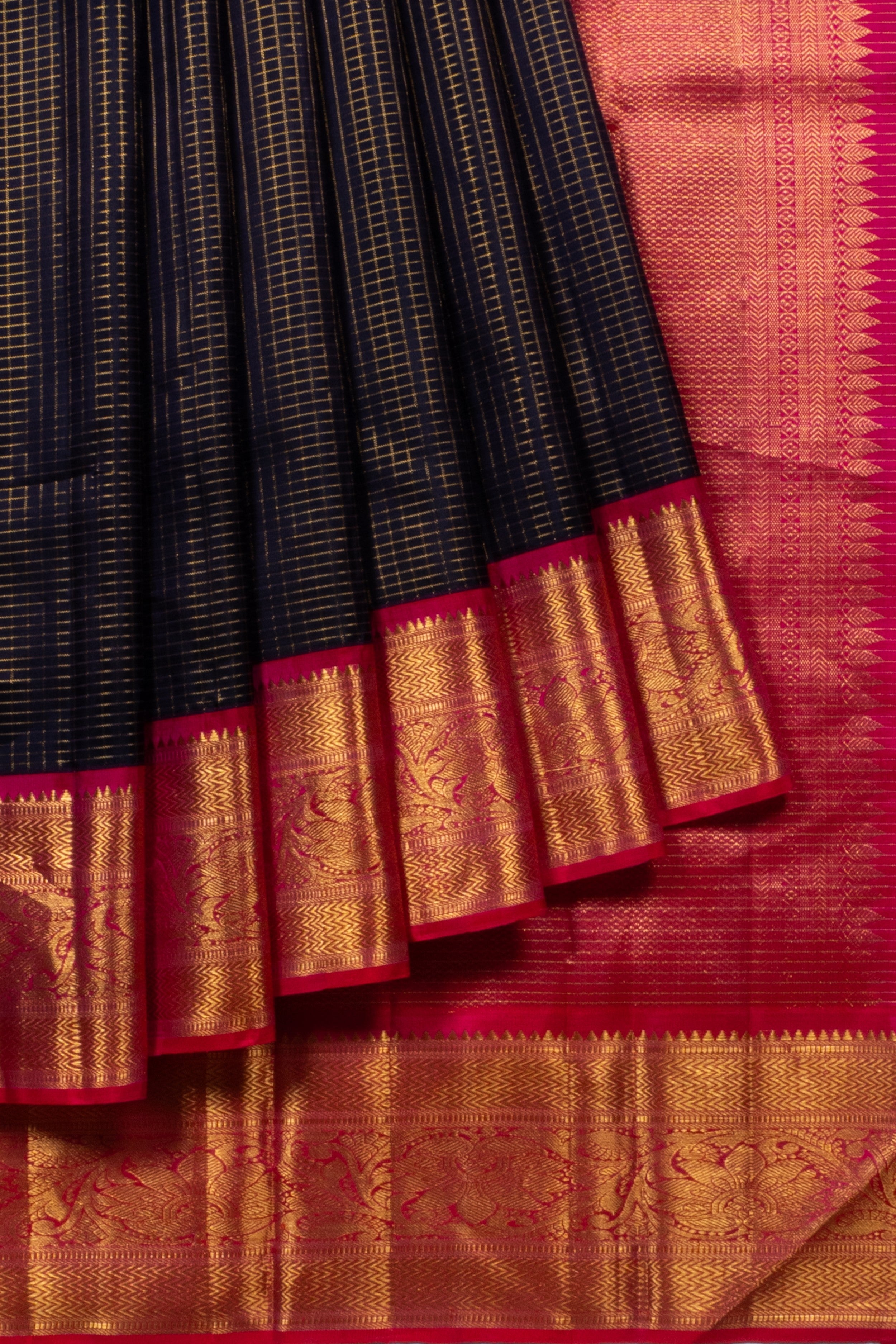 Kanchipuram Silk Kattam Checks Dark Blue Saree 1214830091