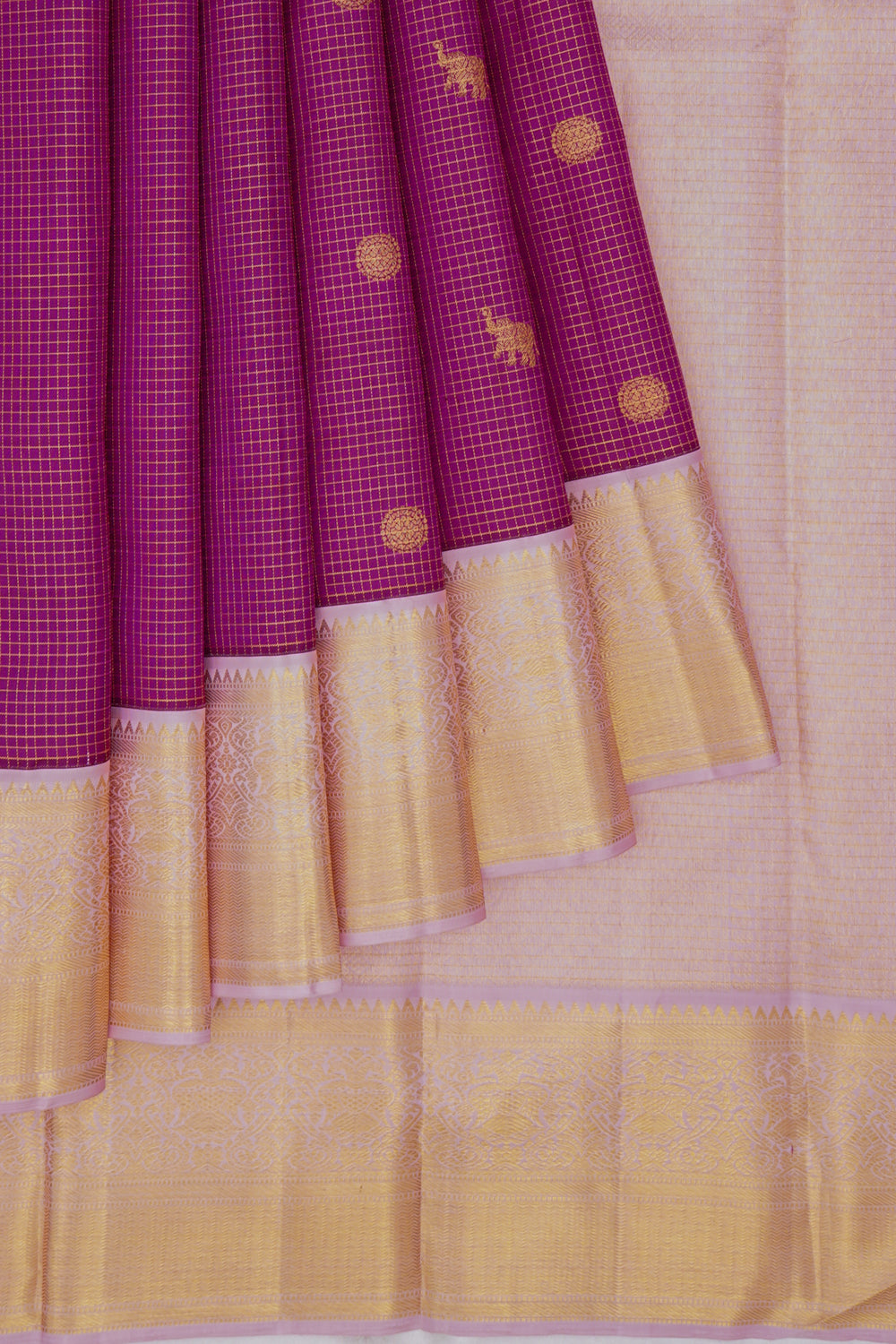 Kanchipuram Silk Checks And Butta Purple Saree With Pastel Border