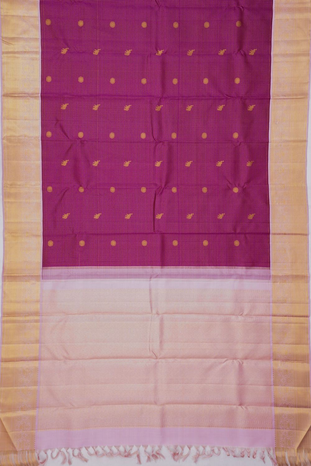 Kanchipuram Silk Checks And Butta Purple Saree With Pastel Border