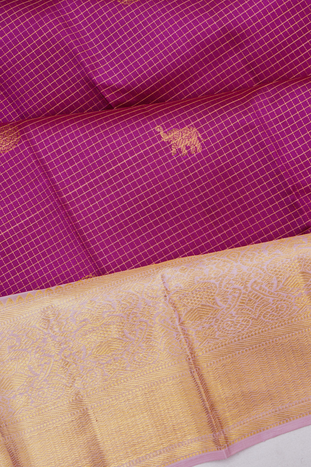 Kanchipuram Silk Checks And Butta Purple Saree With Pastel Border