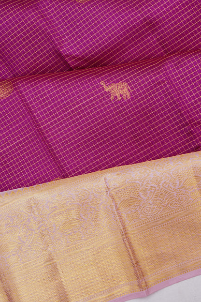 Kanchipuram Silk Checks And Butta Purple Saree With Pastel Border