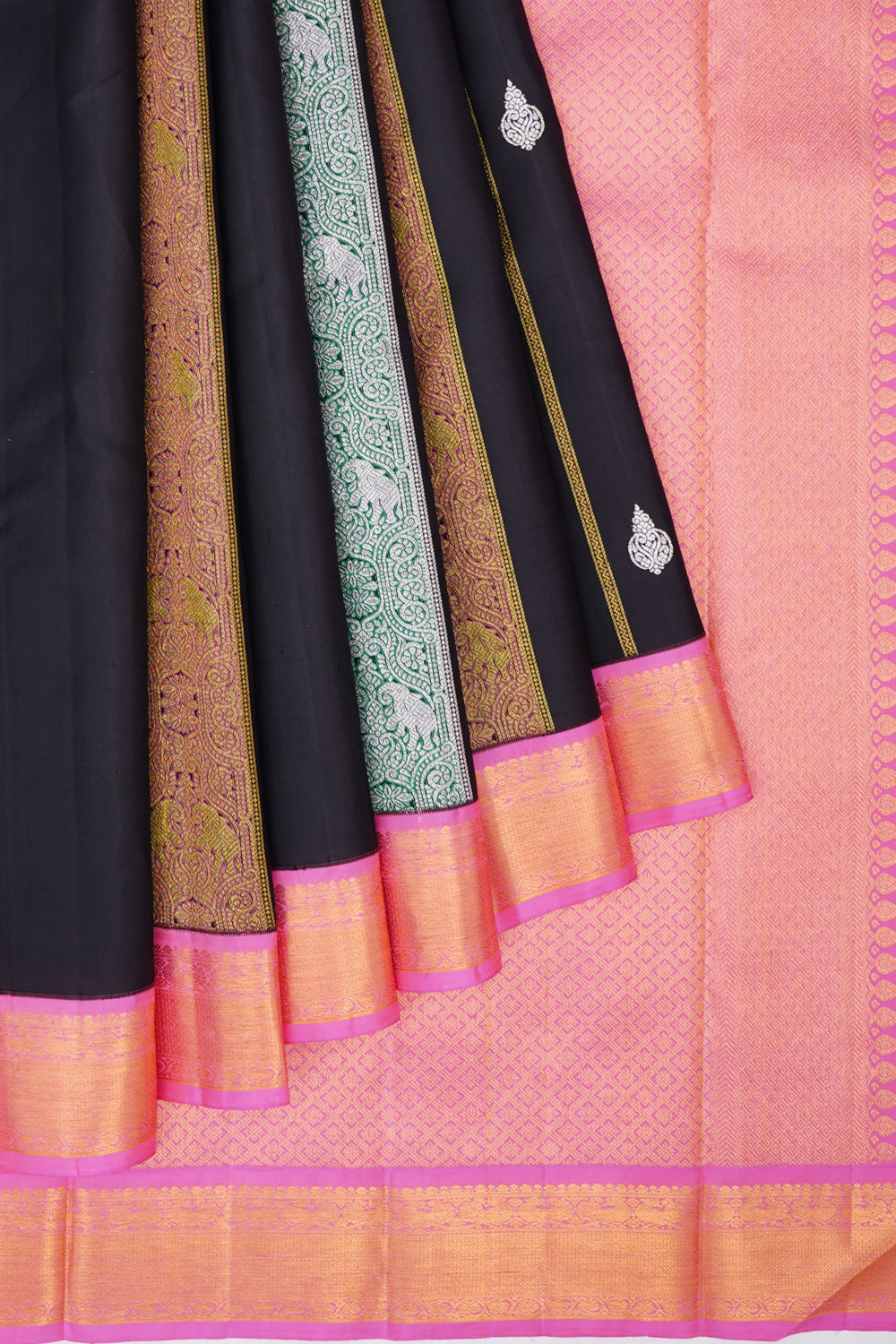 Classic Kanchipuram Silk Lines And Butta Black Saree