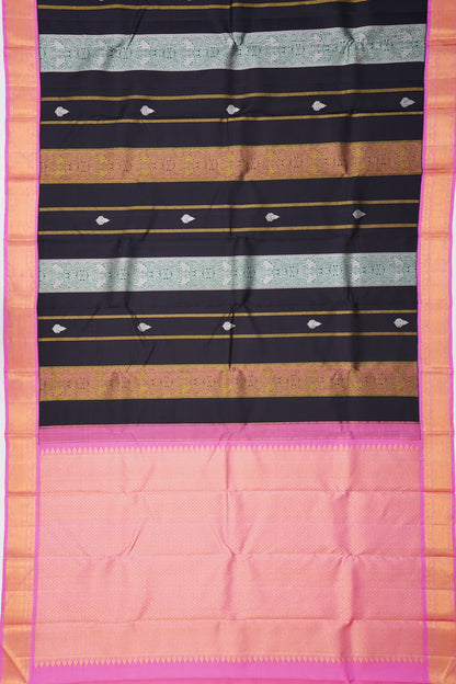 Classic Kanchipuram Silk Lines And Butta Black Saree