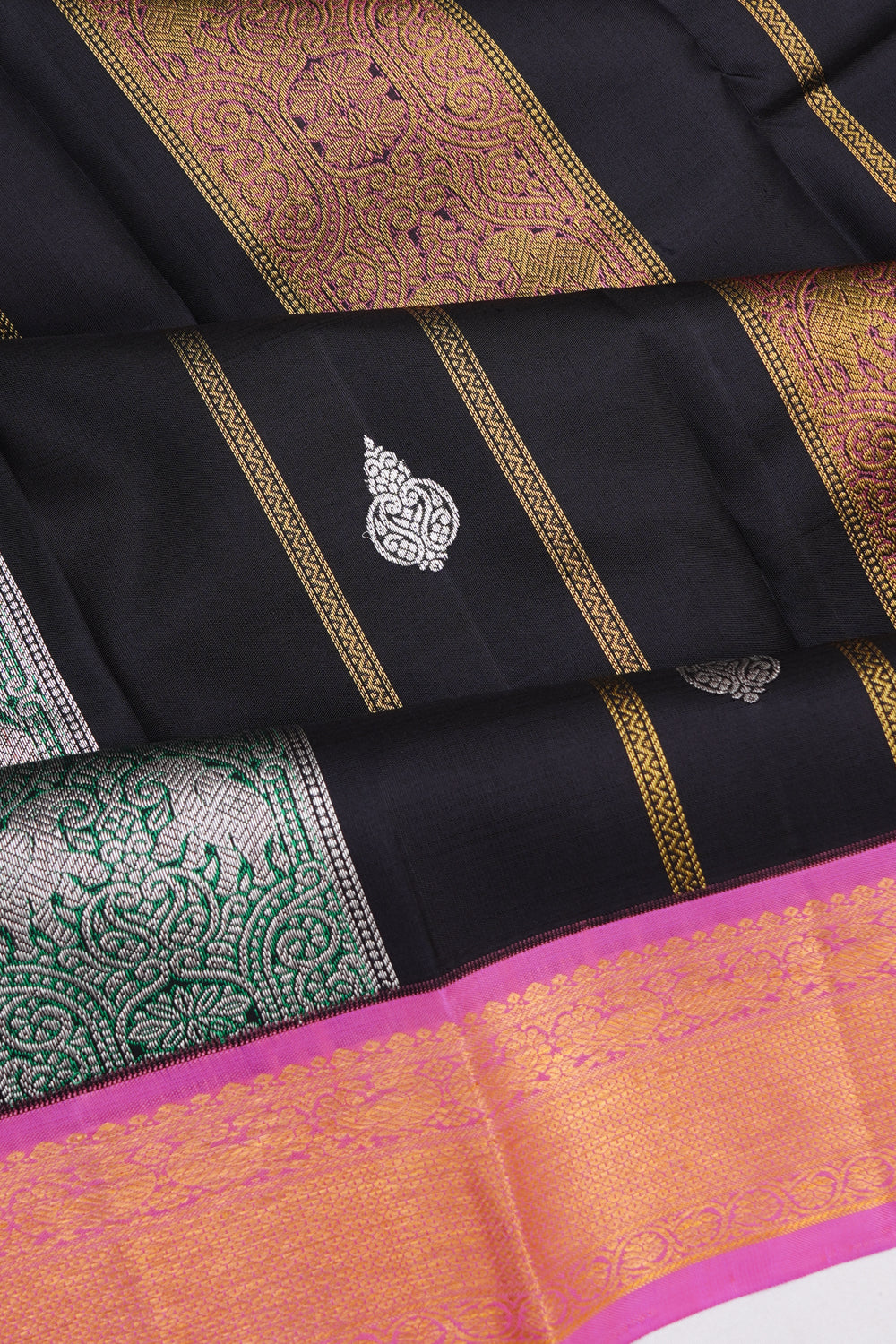 Classic Kanchipuram Silk Lines And Butta Black Saree