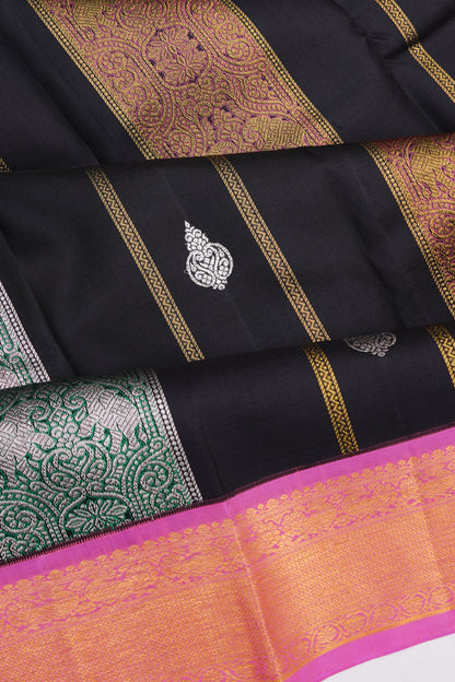 Classic Kanchipuram Silk Lines And Butta Black Saree