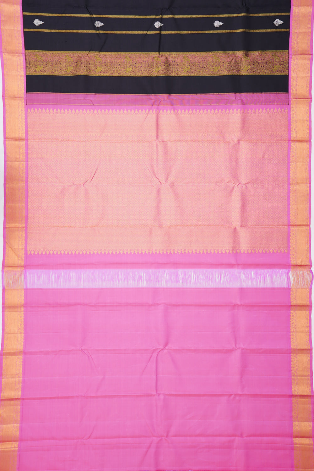 Classic Kanchipuram Silk Lines And Butta Black Saree