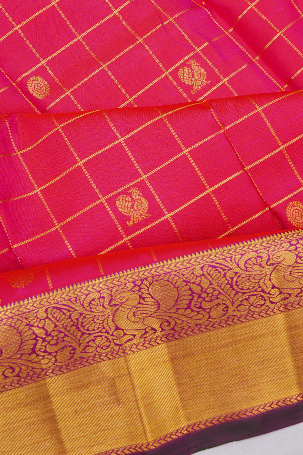 Kanchipuram Silk Checks And Butta Pink Saree