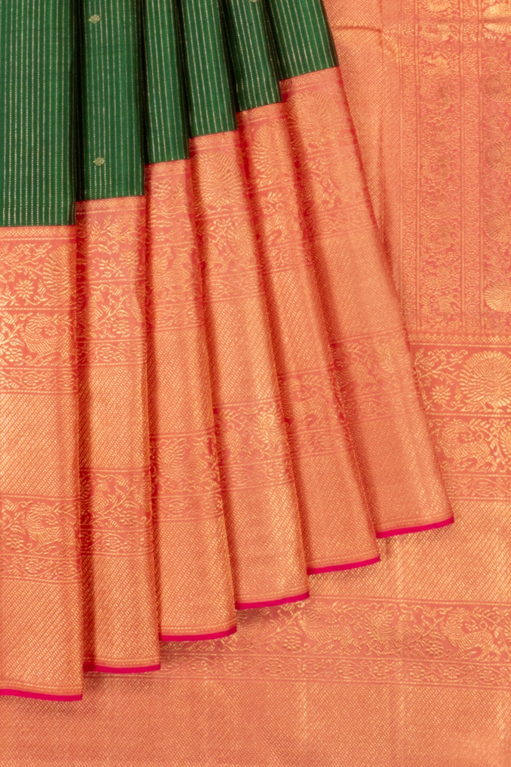 Kanchipuram Silk Vertical Lines And Butta Dark Green Saree
