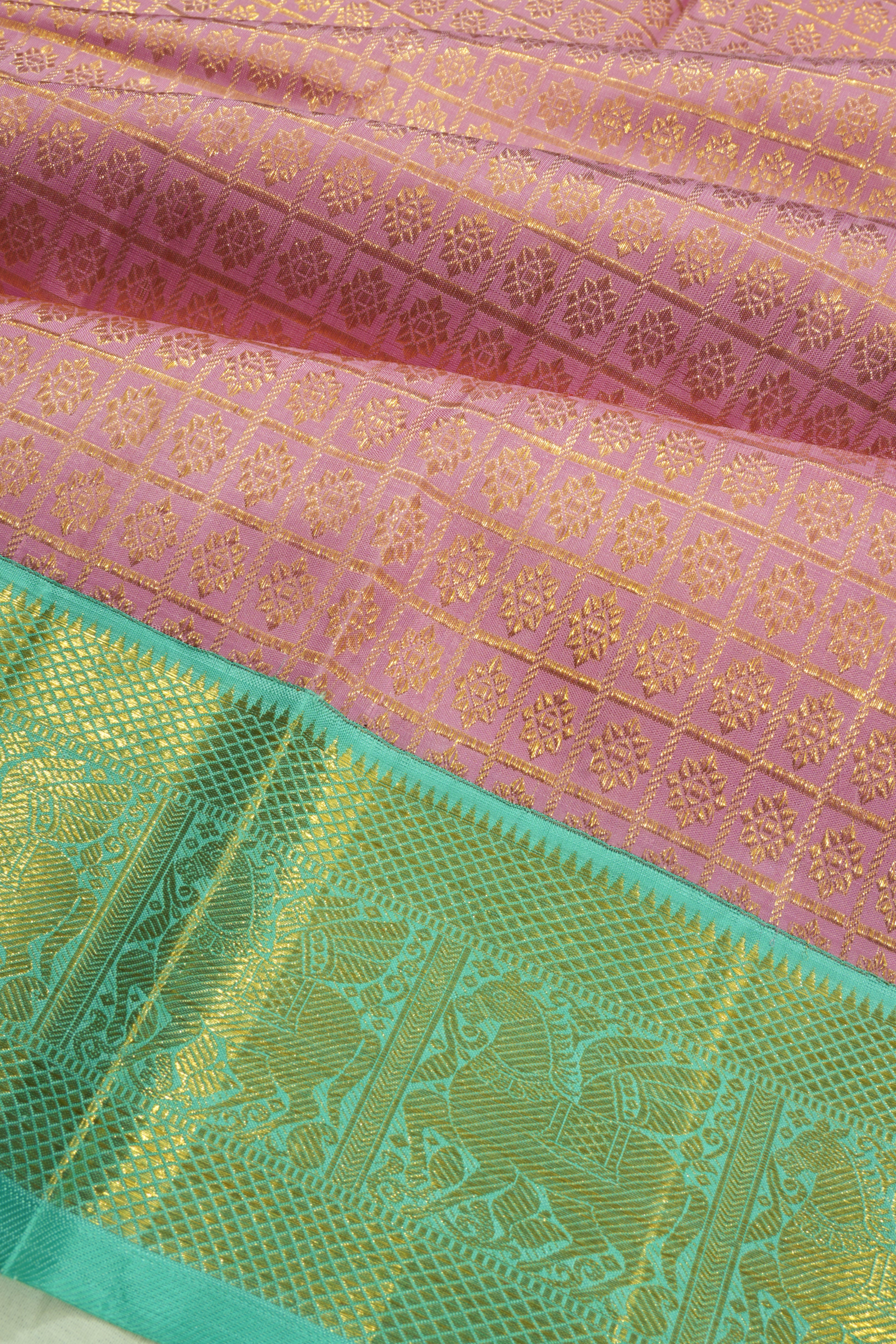 Kanchipuram Silk Checks And Butta Pink Saree