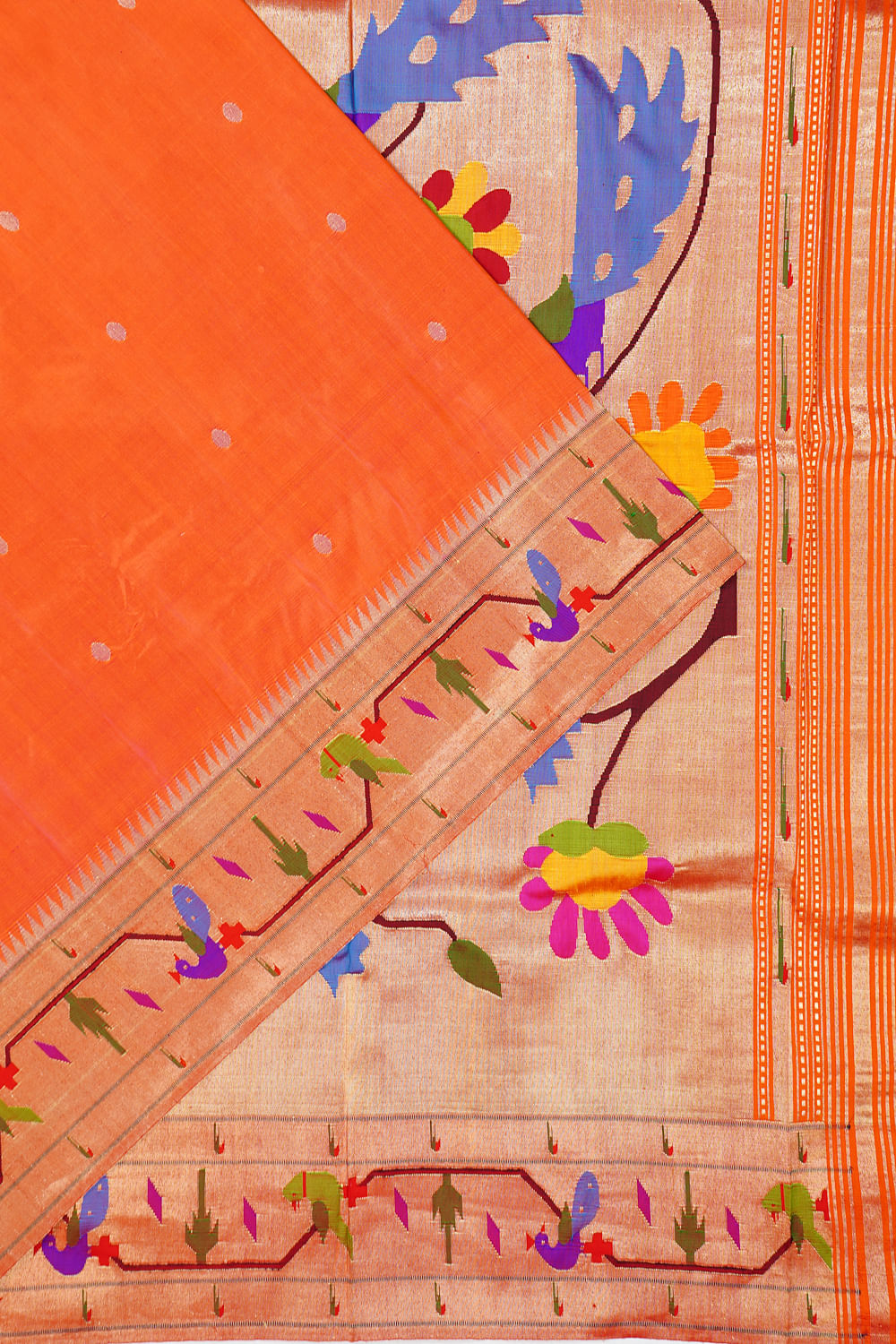 Paithani Silk Butta Orange Saree With Akruthi Border