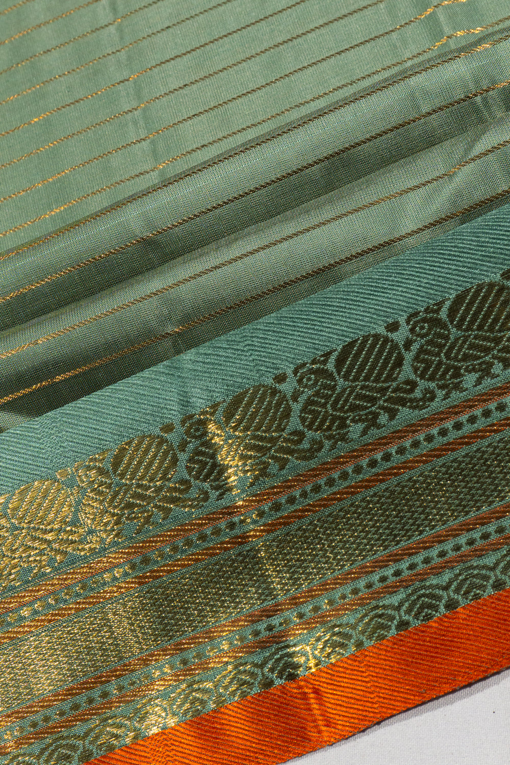 Kanchipuram Silk Horizontal Lines Sage Green Saree 1214842087