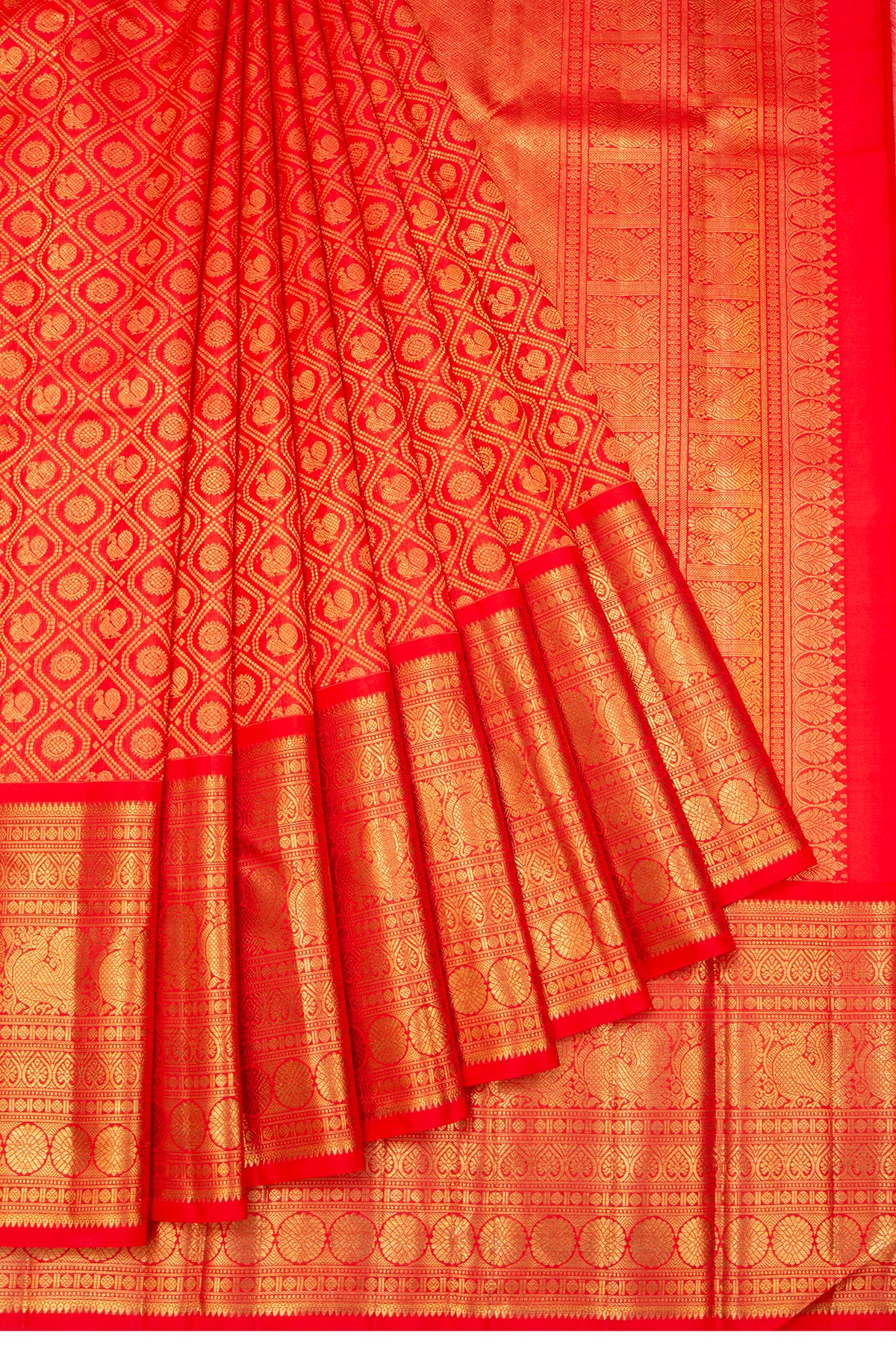 Kanchipuram Silk Criss Cross Checks And Butta Red Saree 1214851500