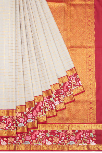 Kanchipuram Silk Checks Pastel Grey Saree With Embroidery Border