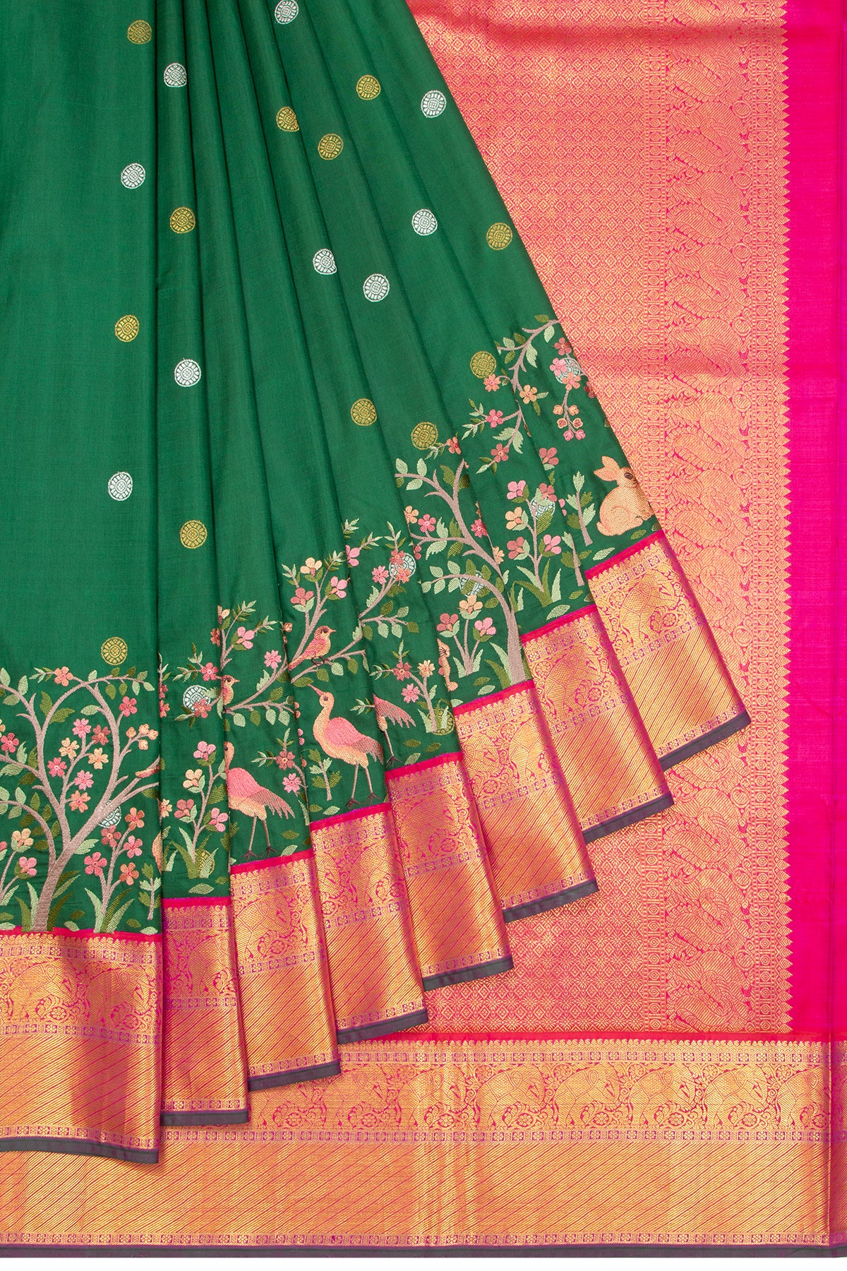 Kanchipuram Silk Butta Dark Green Saree With Embroidery Border