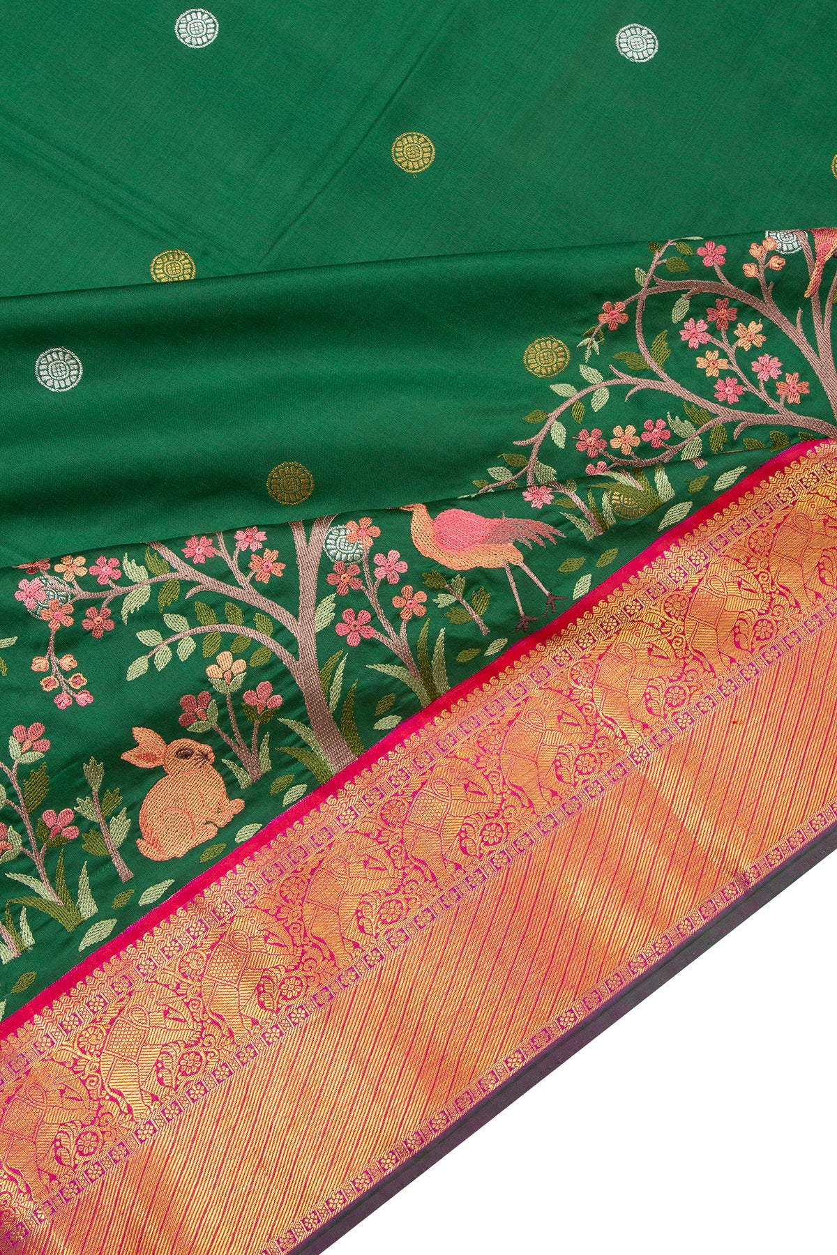 Kanchipuram Silk Butta Dark Green Saree With Embroidery Border