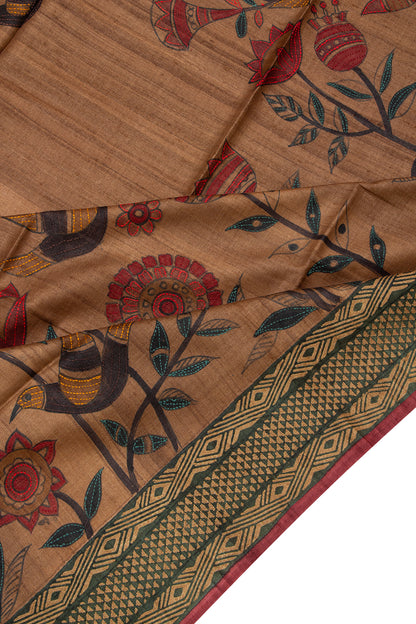 Tussar Printed And Embroidery Beige Saree