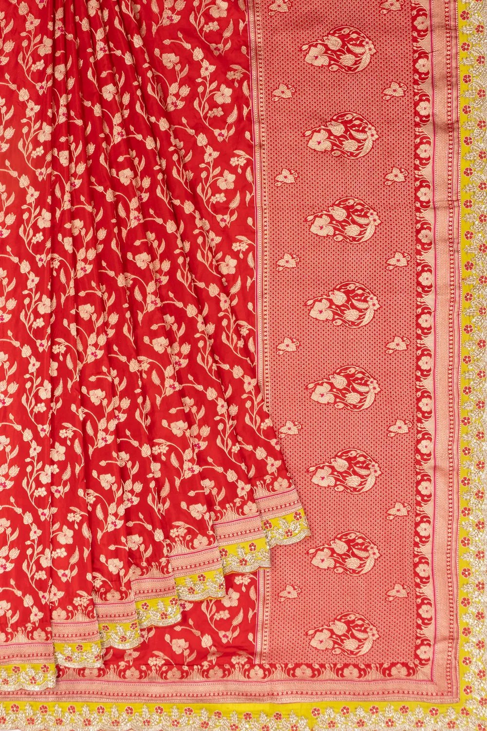 Banarasi Silk Jaal Red Saree With Scallop Border